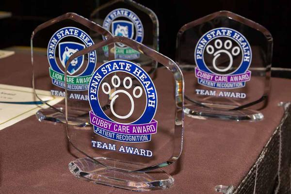 118金宝搏抽水宾夕法尼亚州立卫生保健小屋护理奖和狮子护理奖被陈列在桌子上