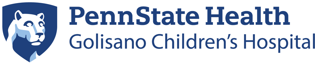 The Penn State Health Golisano Children's Hospital logo, showcases a traditional shield design with a lion and the institution's name.