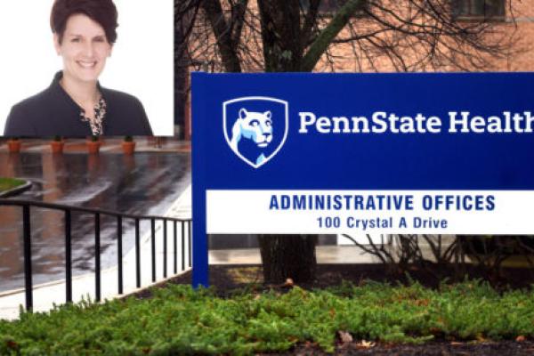 A headshot of Hillary Miller overlaid on a photo of an office building