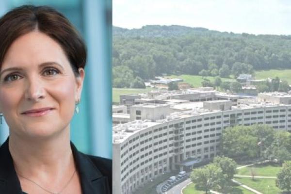 Jody Reyes is in a professional headshot over a background with vertical bars. She has straight hair pulled back and is wearing a jacket, necklace and earrings. Her headshot is over an aerial image of the Hershey Crescent building.